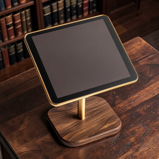 A high-end designer home library with dark wood bookshelves, top-down view. Artistic lighting and clean lines. Elegant, museum-inspired and architecturally sophisticated context.